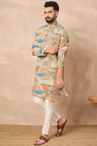 Beige cotton blend kurta for men with ethnic motifis print