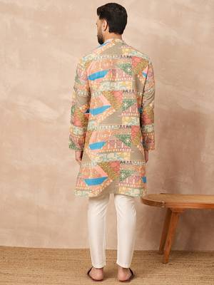 Beige cotton blend kurta for men with ethnic motifis print 4