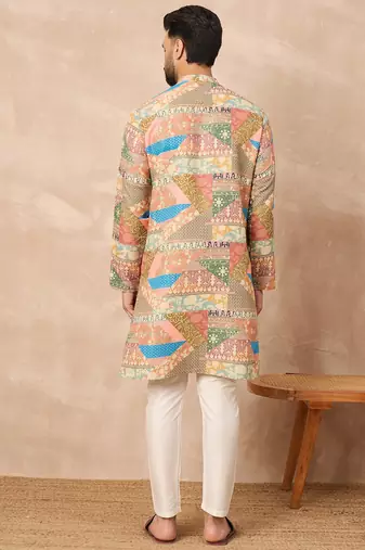Beige cotton blend kurta for men with ethnic motifis print