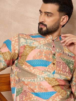 Beige cotton blend kurta for men with ethnic motifis print 5