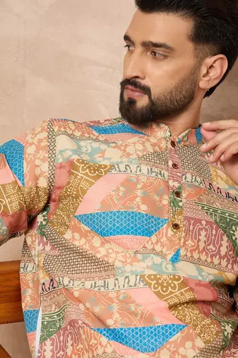 Beige cotton blend kurta for men with ethnic motifis print