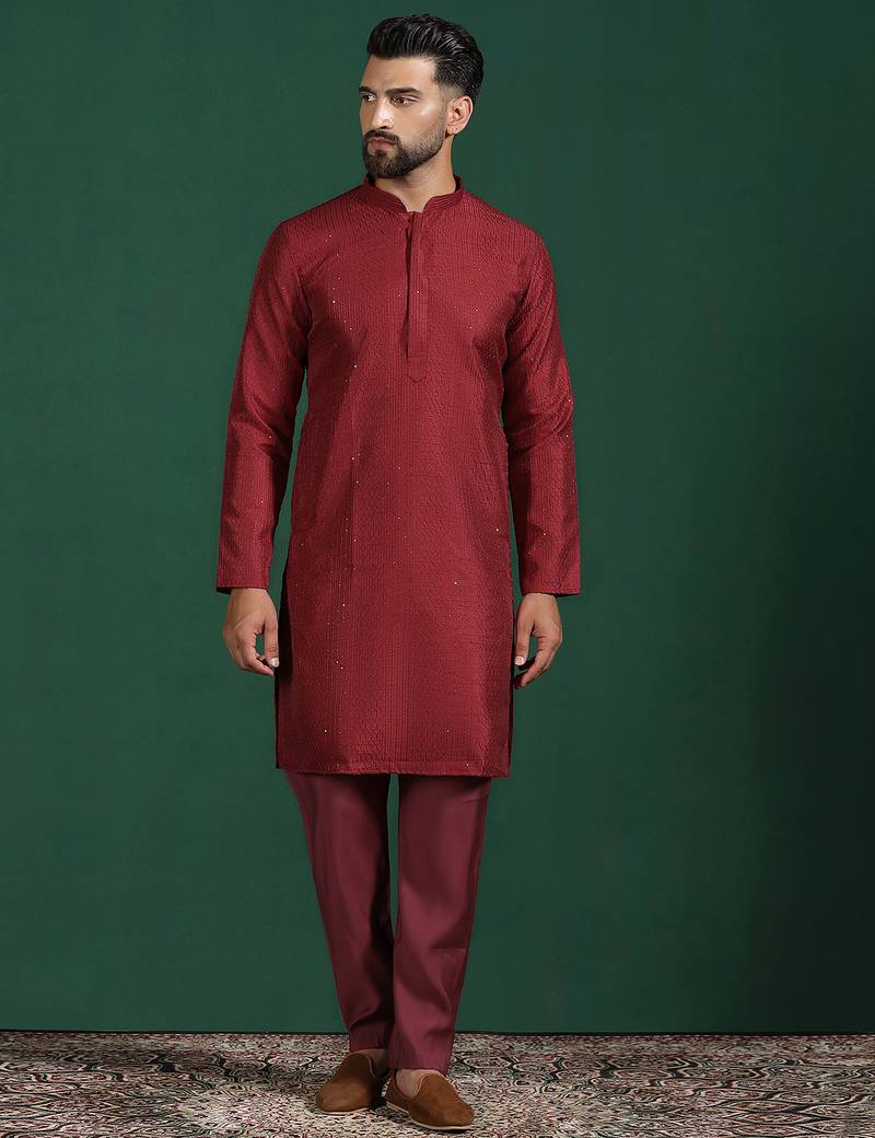 Red bangalore silk kurta for men with embroidered work