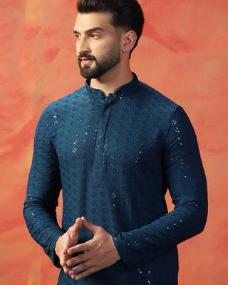 Blue cotton blend kurta for men with embroidered work 1