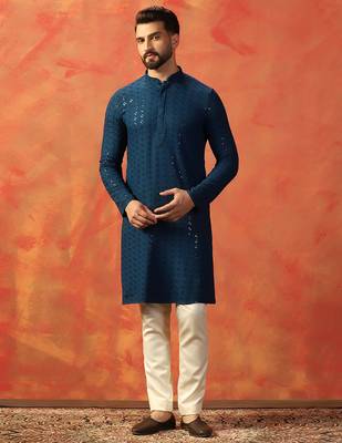 Blue cotton blend kurta for men with embroidered work 2