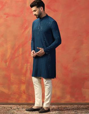 Blue cotton blend kurta for men with embroidered work 4