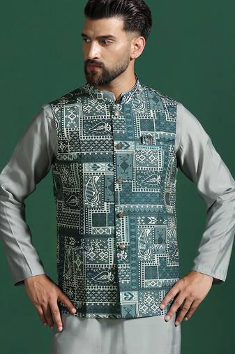 Green cotton blend nehru jacket for men with ethnic motifis print