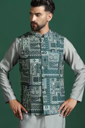 Green cotton blend nehru jacket for men with ethnic motifis print