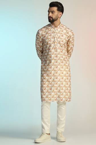 Brown cotton blend kurta for men with printed design