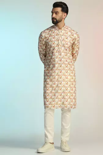Brown cotton blend kurta for men with printed design