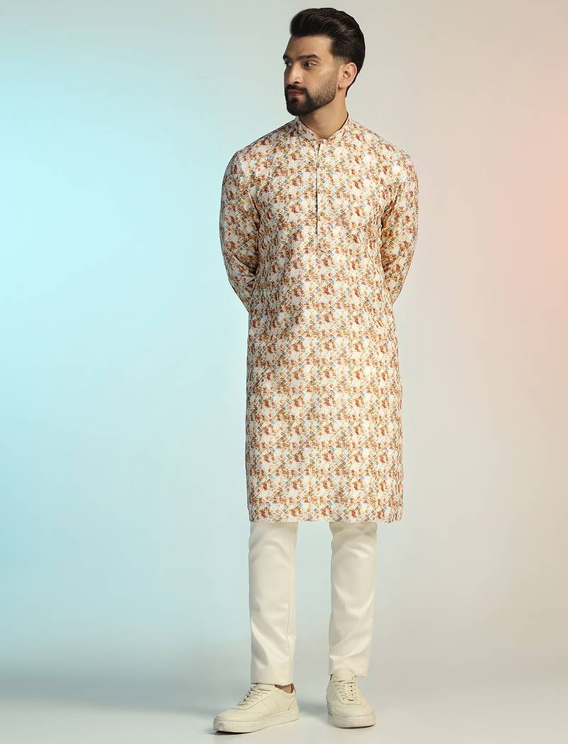 Brown cotton blend kurta for men with printed design