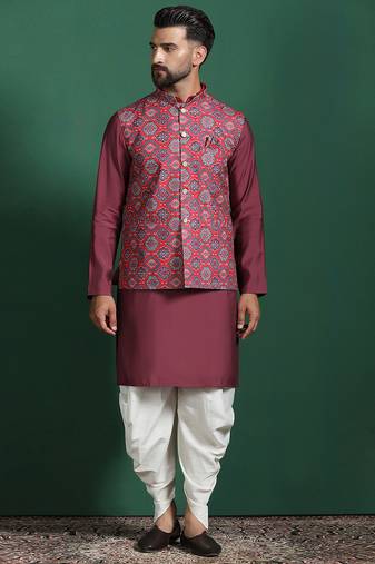 Red cotton blend nehru jacket for men with floral print