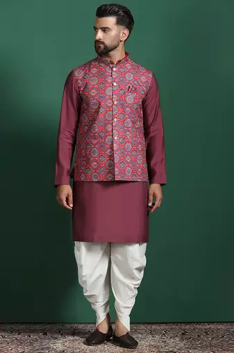 Red cotton blend nehru jacket for men with floral print