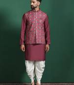 Red cotton blend nehru jacket for men with floral print