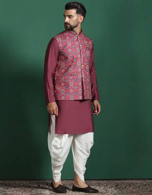 Red cotton blend nehru jacket for men with floral print 2