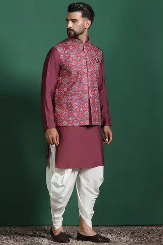 Red cotton blend nehru jacket for men with floral print
