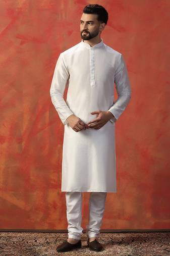 White slub dupion kurta for men with solid print