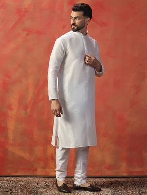 White slub dupion kurta for men with solid print 2