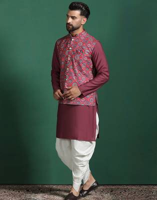 Red cotton blend nehru jacket for men with floral print 3