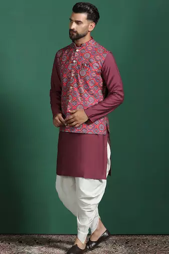 Red cotton blend nehru jacket for men with floral print