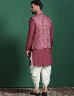 Red cotton blend nehru jacket for men with floral print 4
