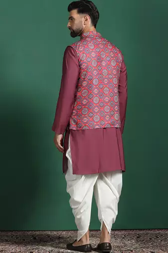 Red cotton blend nehru jacket for men with floral print