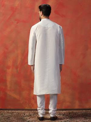 White slub dupion kurta for men with solid print 4