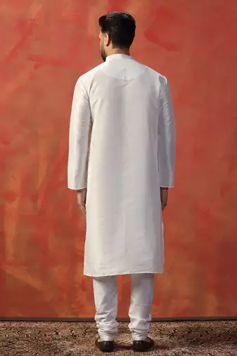 White slub dupion kurta for men with solid print
