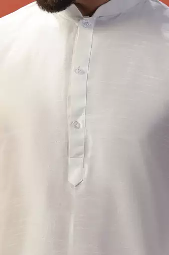 White slub dupion kurta for men with solid print
