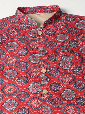 Red cotton blend nehru jacket for men with floral print 5