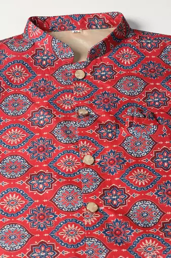 Red cotton blend nehru jacket for men with floral print