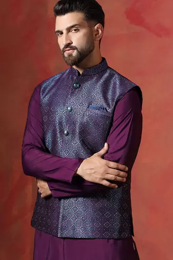 Navy blue jacquard nehru jacket for men with embroidered work
