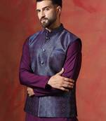 Navy blue jacquard nehru jacket for men with embroidered work