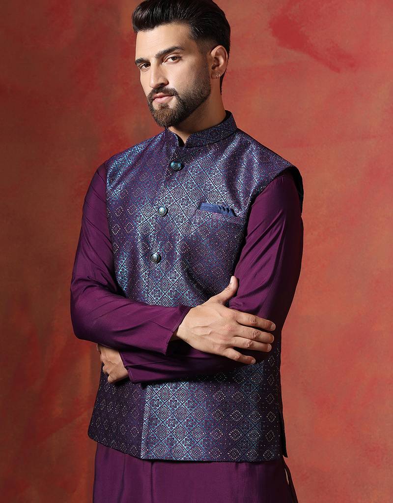 Navy blue jacquard nehru jacket for men with embroidered work