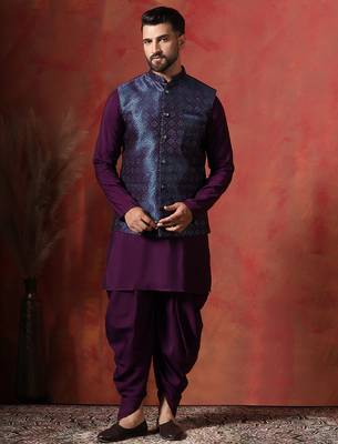 Navy blue jacquard nehru jacket for men with embroidered work 2