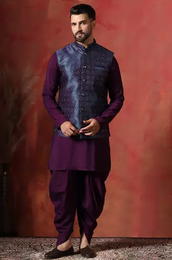 Navy blue jacquard nehru jacket for men with embroidered work