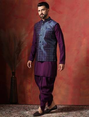 Navy blue jacquard nehru jacket for men with embroidered work 3