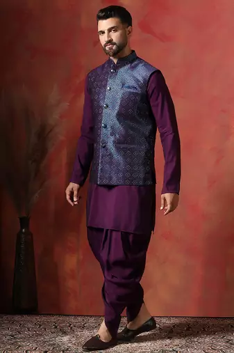 Navy blue jacquard nehru jacket for men with embroidered work