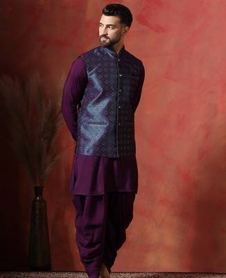 Navy blue jacquard nehru jacket for men with embroidered work 4