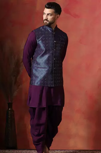 Navy blue jacquard nehru jacket for men with embroidered work