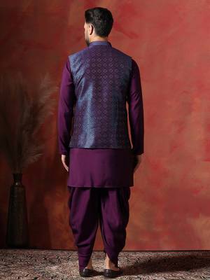 Navy blue jacquard nehru jacket for men with embroidered work 5