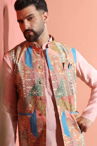 Beige cotton blend nehru jacket for men with ethnic motifis print