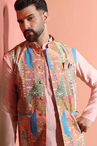 Beige cotton blend nehru jacket for men with ethnic motifis print