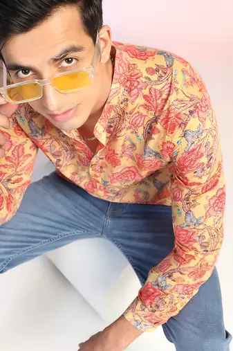 Orange cotton blend short kurta for men with printed design