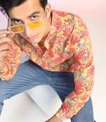 Orange cotton blend short kurta for men with printed design