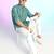 Green cotton blend short kurta for men with printed design