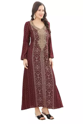 Golden thread embroidery A-Line Jalabiya on fancy printed fabric