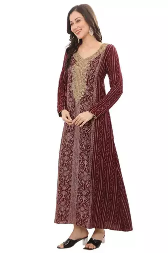 Golden thread embroidery A-Line Jalabiya on fancy printed fabric
