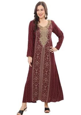 Golden thread embroidery A-Line Jalabiya on fancy printed fabric 5