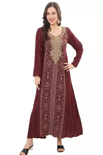 Golden thread embroidery A-Line Jalabiya on fancy printed fabric