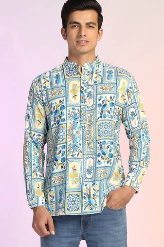 Blue cotton blend short kurta for men with printed design